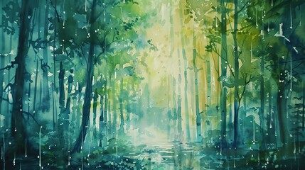 Dynamic watercolor of a forest during rainfall, raindrops creating ripples on a small woodland pond, the sound and sight fostering relaxation