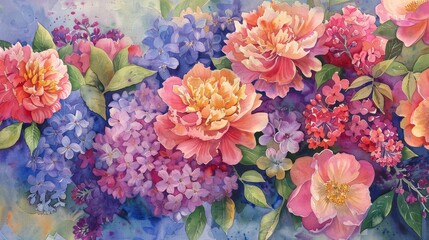 Dynamic watercolor of a mixed floral arrangement, featuring peonies, lilacs, and hydrangeas, the variety symbolizing diversity and beauty