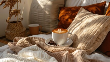 Cup of coffee with latte art on bed in cozy bedroom
