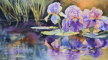 Elegant watercolor of irises by a pond, the reflection of the flowers in the water adding depth and a peaceful element to the scene