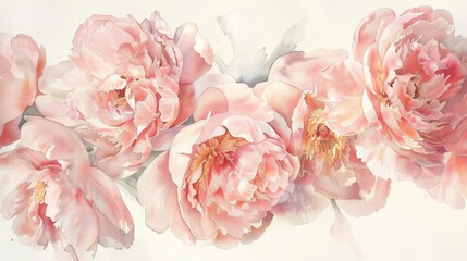 Elegant watercolor of peonies in soft blush tones, their lush, full blooms conveying luxury and renewal in a soothing manner