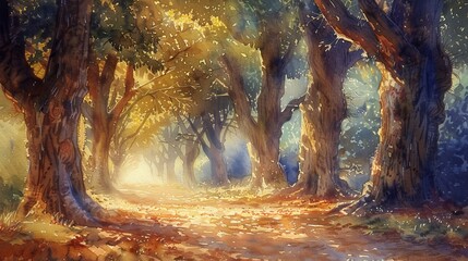 Gentle watercolor depiction of a forest path lined with ancient trees, the light filtering through leaves, casting shadows and light spots