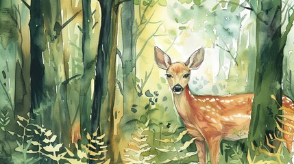 Gentle watercolor illustration of a woodland scene with a deer peering through the trees, the natural setting creating a peaceful backdrop