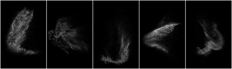 White grainy texture. Abstract dust overlay. Grain noise. White explosion on black background. Splash realistic effect. Set vector illustration, EPS 10.	
