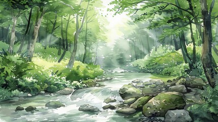 Lush watercolor illustration of a woodland creek, vibrant greens and the gentle flow of water offering a sense of renewal and calm