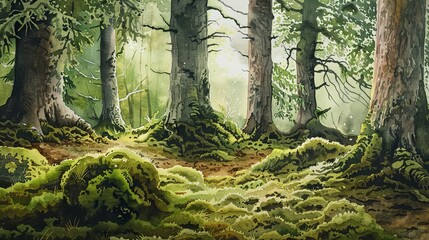 Lush watercolor of an ancient woodland, towering trees and moss-covered ground, symbolizing growth and the healing power of nature