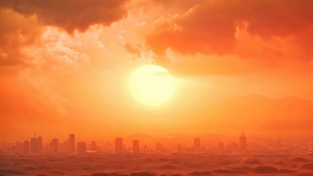 Heatwave hot sun. ,The sun or hot sun, Orange and red hues fill the sky as the sun dips below the city skyline at dusk,