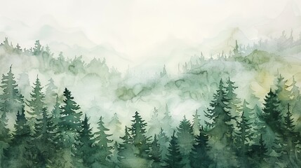 Fototapeta premium Minimalist watercolor of a quiet forest glade, a deer peering through the foliage, the scene captured in a palette of greens and earth tones