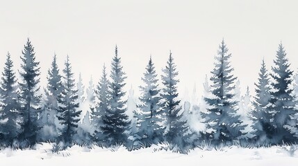 Fototapeta premium Minimalist watercolor of a pine forest in winter, the stark beauty of the snow-covered trees fostering a quiet and reflective mood