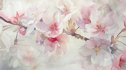 Serene watercolor of cherry blossoms in full bloom, the subtle pinks and whites offering a tranquil and soothing presence