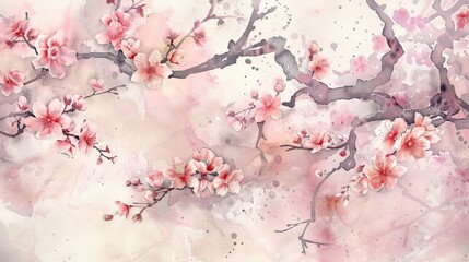 Serene watercolor of cherry blossoms in full bloom, the subtle pinks and whites offering a tranquil and soothing presence