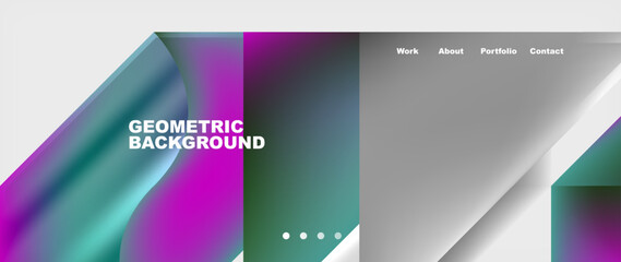 A geometric background featuring a gradient of purple, green, and blue rectangles. The design is reminiscent of a futuristic gadget or communication device with fonts in magenta and electric blue