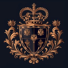 An intricate golden heraldic crest featuring lions and crowns, set against a dark background, embodying royalty and prestige. - obrazy, fototapety, plakaty