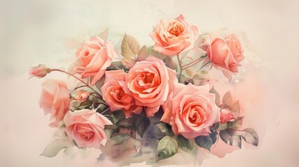 Soft watercolor painting of a bouquet of garden roses, each petal delicately rendered in pastels to convey warmth and comfort