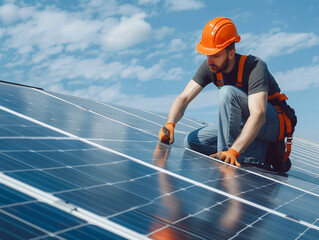 Monteure auf einen Dach montieren Solarpanele zum Energiesparen.