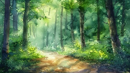 Tranquil watercolor depicting a lush forest path surrounded by verdant trees, dappled light creating a serene, healing atmosphere