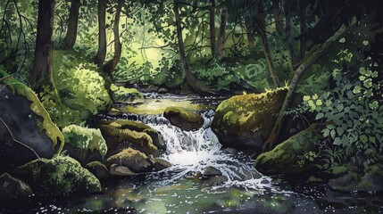 Tranquil watercolor depicting a small woodland creek, the gentle flow of water surrounded by verdant foliage and mossy rocks