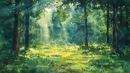 Obraz premium Tranquil watercolor of a deep green forest clearing, rays of light piercing through tall trees, illuminating the peaceful undergrowth