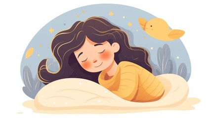 Cute sleepy girl holding pillow cartoon vector icon illustration. people nature icon isolated flat - obrazy, fototapety, plakaty