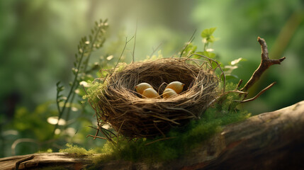 The bird's nest is made from dried grass woven together among branches and green leaves.