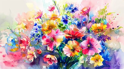 Vivid watercolor illustration of a bouquet of mixed spring flowers, bursting with colors to create a cheerful atmosphere in the clinic
