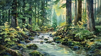 Vibrant watercolor showing a small brook winding through a dense forest, the sound of water adding to the scene's soothing qualities
