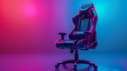 Gaming chair, 3D rendering, Gamer ergonomic chair with remote controller car, wireless VR and entertainment gadget in neon light room. colorful light and shadow, minimalist background, high resolution - obrazy, fototapety, plakaty