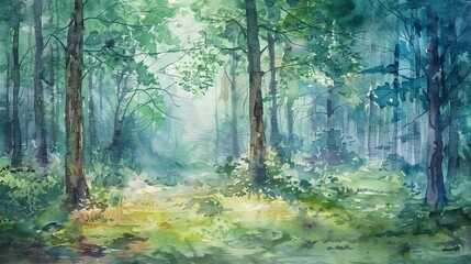 Fototapeta premium Watercolor depiction of a serene woodland clearing, sunlight illuminating vibrant greens and the quiet of the forest floor