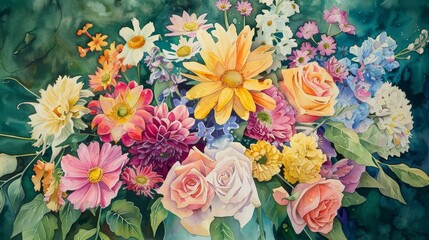Watercolor depiction of a sunny bouquet of garden flowers, cheerful hues brightening the room and enhancing patient well-being