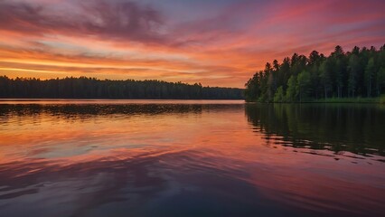 Fototapeta premium sunset on the lake Serenity's Embrace Tranquil Sunset Reflections