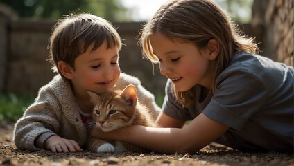 A heartwarming story about the bond between a child and their faithful feline friend, as they navigate life's ups and downs through playful adventures and comforting cuddles ai_generated - obrazy, fototapety, plakaty