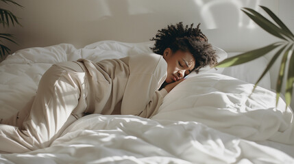 White bed bedroom vibes of black woman holding stomach in pain period cramp pcos endo with discomfort menstrual cycle female lady depression fatigue hormone gynecology womens health fertility, issue