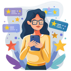 Illustration of a woman using a smartphone surrounded by ratings and feedback icons, Concept of digital interaction and consumer influence. - obrazy, fototapety, plakaty