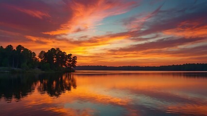 Obraz premium sunset on the lake Serenity's Embrace Tranquil Sunset Reflections