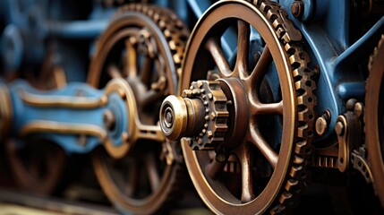 Vintage machinery gears and blue chains, a study of mechanical parts in motion and industrial design

