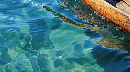 Close-up of sailboat's wooden structure partially submerged in vivid blue waters, reflecting the...