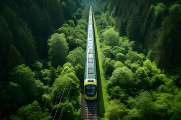 train drives through the forest