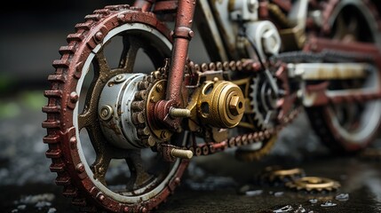 Detailed view of a rusty and greasy bicycle gear mechanism, showcasing worn-out gears, aged chains, and a weathered bike frame
