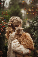 Back view of little girl holding pet cat over her shoulder in nature background, human and pet friendship concept, Generative AI