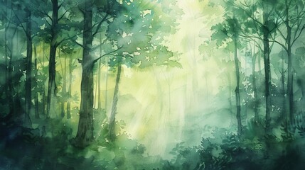 Watercolor illustration of a misty morning in a lush woodland, the soft haze adding a mystical quality to the verdant surroundings