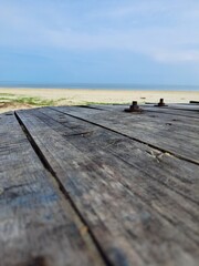 wood table with blue sky background 