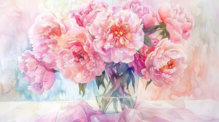 Watercolor illustration of peonies in a glass vase, the fluffy blooms in shades of pink and cream offering a soothing visual delight