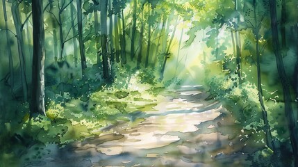 Watercolor of a deep, lush forest path, rich green foliage and dappled sunlight creating a peaceful and renewing atmosphere