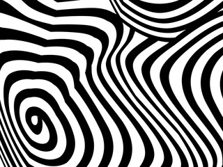 Abstract hypnotic wave pattern with black-and-white striped lines. Psychedelic background. Op art, optical illusion. Modern design, graphic texture.