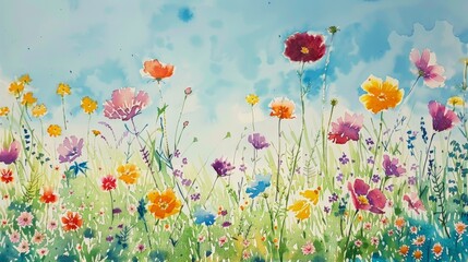 Fototapeta premium Watercolor of a sunlit field of wildflowers, vivid colors popping against a clear blue sky, energizing and uplifting the clinic atmosphere