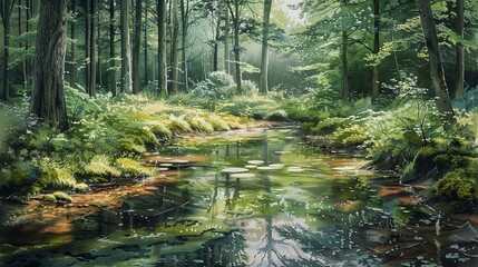Watercolor of a tranquil forest glade, lush greenery surrounding a clear stream, dappled sunlight creating patterns on the forest floor