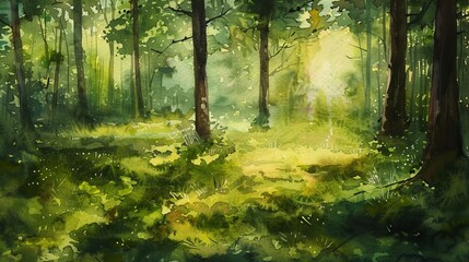 Obraz premium Watercolor painting capturing a serene forest glade, rich green hues and soft light pooling on the forest floor to invite calm and relaxation