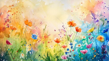 Watercolor painting of a field of wildflowers, a riot of colors swaying in a gentle breeze, creating a sense of freedom and renewal