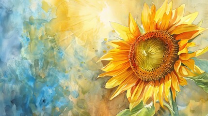 Watercolor painting of a sunflower turning towards the sun, its bright and bold presence invoking optimism and joy