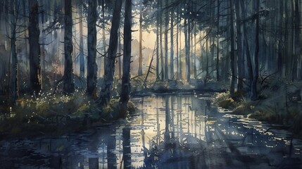 Watercolor painting of a woodland at dusk, the fading light casting long shadows and creating a soothing, tranquil environment